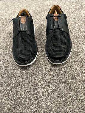 Johnston & Murphy Black Knit Derby with Brown Tongue Accent and White Sole